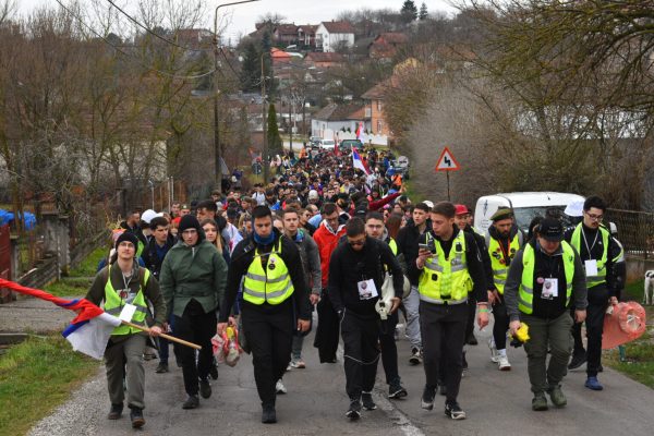 11, March, 2025, Smederevska Palanka - Students blocking the faculties in Nis set off from Smederevska Palanka on the third day of the six-day protest walk "Nis is leaving, Nis is coming" towards Belgrade, where a large student protest will be held on March 15. Photo: Radule Perisic/ATAImages

11, mart, 2025, Smederevska Palanka - Studenti koji blokiraju fakultete u Nisu krenuli su iz Smederevske Palanke treceg dana sestodnevne protestne setnje "Ide Nis, Nis stize" ka Beogradu, gde ce 15. marta biti odrzan veliki studentski protest. Photo: Radule Perisic/ATAImages