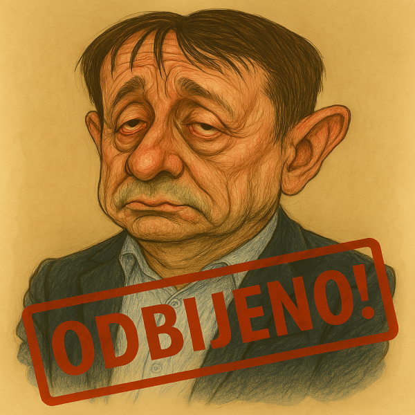 ovu sliku kao karikaturu sa precrtanim napisom _ODBIJENO!_ formatat 900x900 px